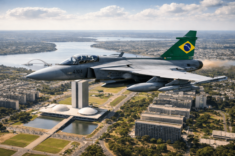 Gripen sobrevoa Brasília (Imagem ilustrativa, gerada por IA)