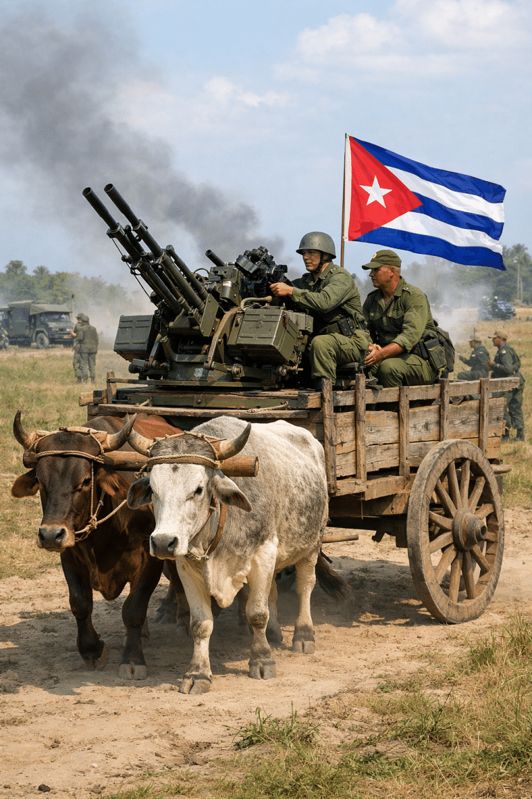 Bateria antiaérea de Cuba puxada por junta de bois (Imagem meramente ilustrativa, gerada por IA)