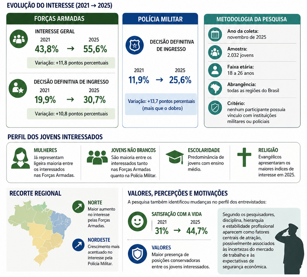 Pesquisa aponta crescimento do interesse e da decisão definitiva de jovens brasileiros por carreiras militares e policiais.Fonte: UFMG