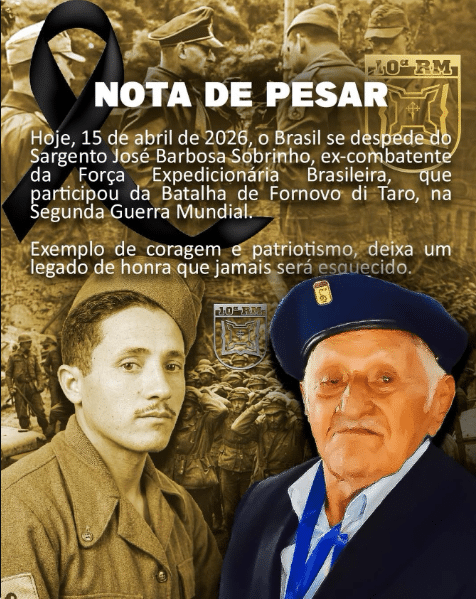 O sargento José Barbosa Sobrinho, ex-combatente da Força Expedicionária Brasileira (FEB), morreu nesta quarta-feira (15), aos 108 anos (Reprodução: Instagram da 10ª RM)