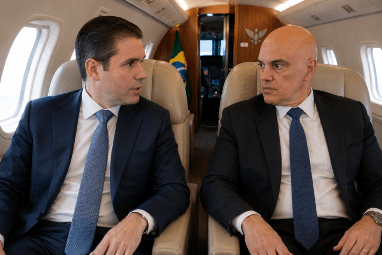 Hugo Motta e Alexandre de Moraes em voo da FAB (Imagem ilustrativa, gerada por IA)