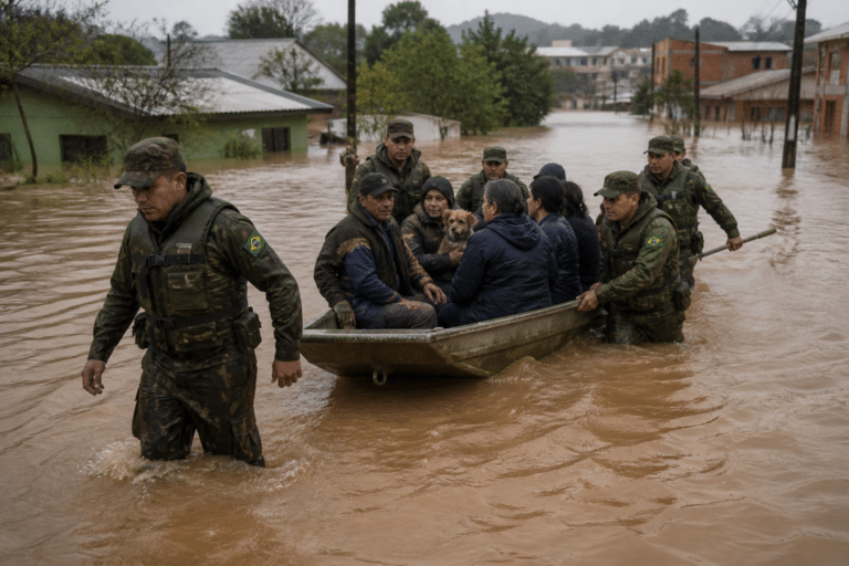 Militares do Exército socorrendo a população durante enchente (Imagem ilustrativa, gerada por IA)