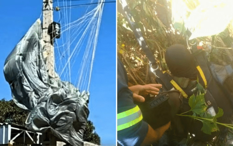 Paraquedistas do exército brasileiro caíram sobre árvores e uma rede elétrica durante treinameto, em Anápolis. — Foto: Reprodução/TV Anhanguera