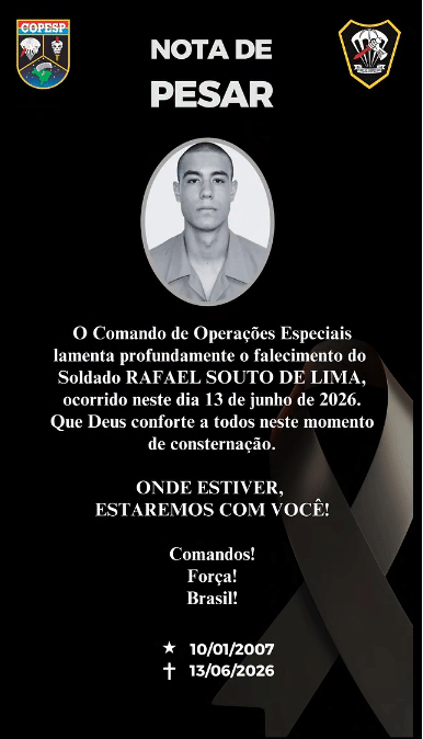 Nota de pesar do CopEsp soldado Rafael Souto de Lima, morto em treinamento em Goiânia