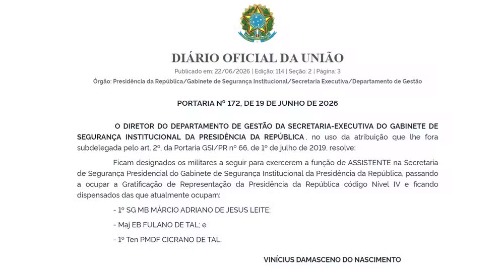 Portaria publicada no Diário Oficial da União designa militares 'Fulano de Tal' e 'Cicrano de Tal'