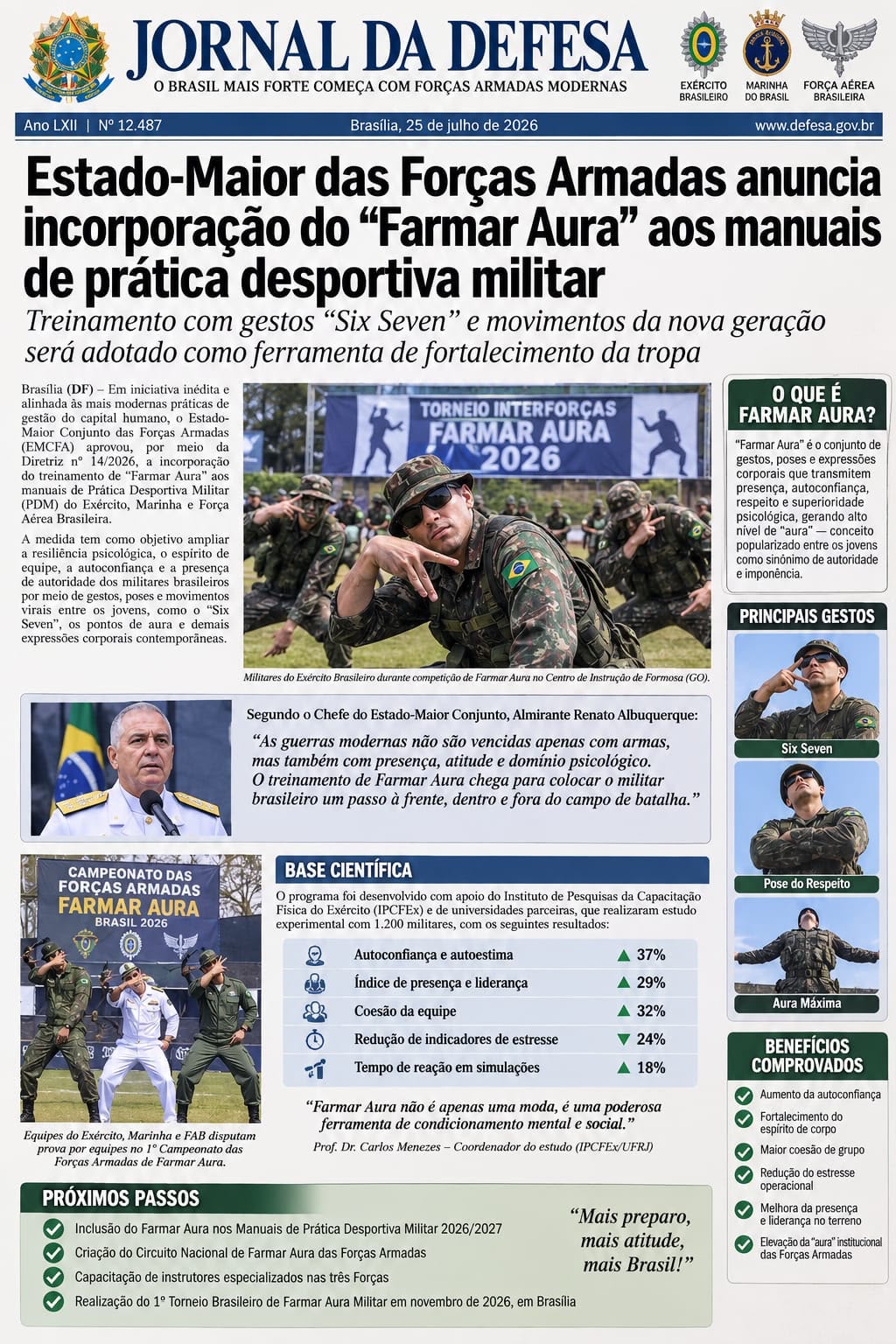 Montagem satírica anuncia introdução de "treinamento" nos manuais militares A imagem reproduzida é uma montagem humorística e não corresponde a uma publicação oficial do Ministério da Defesa ou das Forças Armadas brasileiras. O oficial cujo nome é citado também é fictício. (Reprodução)