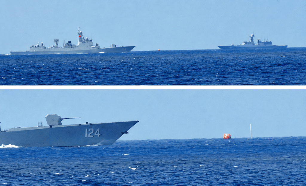 Imagens fornecidas pelo Ministério da Defesa japonês mostram navios de guerra chineses realizando exercícios com munição real, enquanto navios de guerra russos observam.
