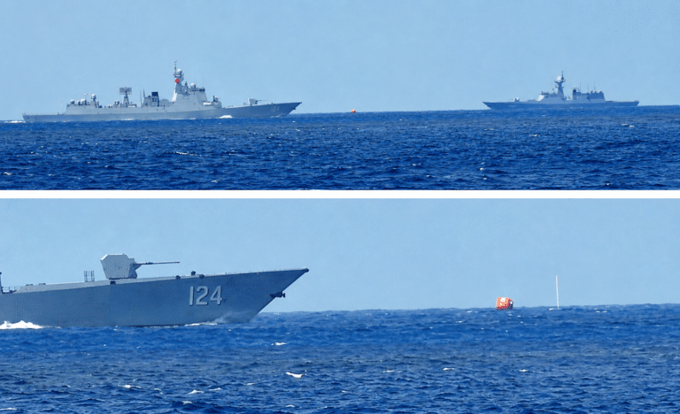 Imagens fornecidas pelo Ministério da Defesa japonês mostram navios de guerra chineses realizando exercícios com munição real, enquanto navios de guerra russos observam.