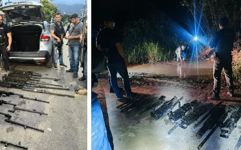 8 metralhadoras foram encontradas pela Polícia Civil do Rio (foto à esquerda); e 9 armas acabaram achadas pela polícia de Carapicuíba, Grande São Paulo. Todas as 17 foram furtadas do quartel do Exército em Barueri, região metropolitana — Foto: Leslie Leitão/TV Globo e Polícia Civil/Divulgação