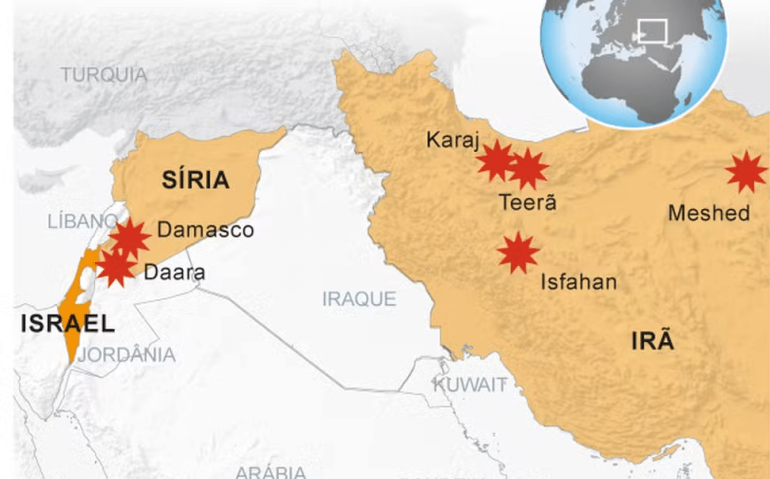 Mapa mostra alvos de ataque israelense no Irã e na Síria relatados até o momento — Foto: Arte O GLOBO
