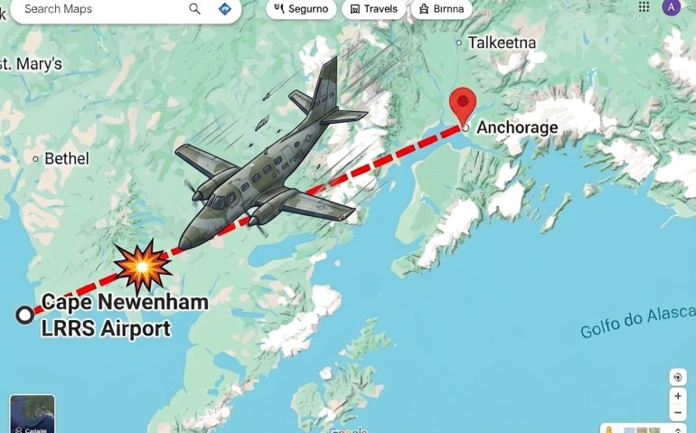 Mapa mostra trecho que seria percorrido pelo avião que caiu no Alasca, matando oito pessoas