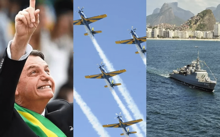 Jair Bolsonaro, a Esquadrilha da Fumaça da FAB e navio guerra da Marinha Evaristo Sá/AFP, Ag. Brasil e Divulgação