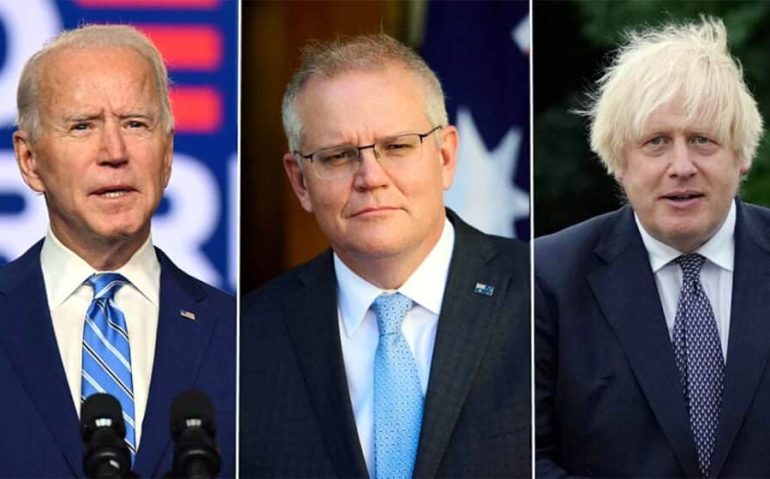 Joe Biden (Jim Watson/AFP); Scott Morrison (Rohan Thomson/AFP); Boris Johnson (Christopher Furlong/Reuters).