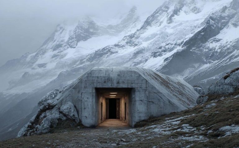 Uma imagem fotorrealista de um bunker nas montanhas da Suíça. --ar 4:3 --v 7 Job ID: 0eadf117-8364-49f2-9b1f-455f12de5807