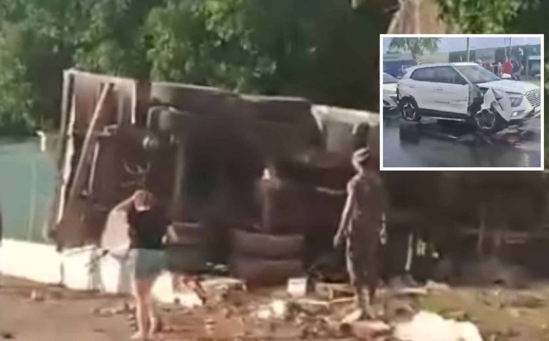 Antes de colidir com o muro, caminhão atingiu outros dois veículos
Reprodução: g1 e redes sociais