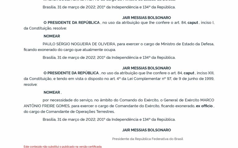 DECRETO EXONERAÇÃO DO GENERAL BRAGA NETTO DA DEFESA E NOMEAÇÃO DO GENERAL PAULO SÉRGIO_page-0001