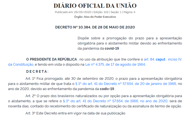 DECRETO PRORROGAÇÃO ALISTAMENTO SERVIÇO MILITAR