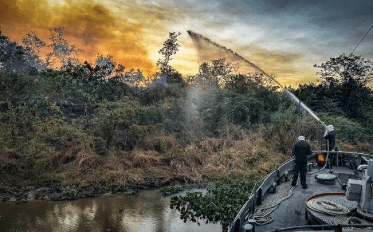 Integrantes da Marinha no cambate a foco de incêndio pela Operação Pantanal II - (crédito: Flick/Marinha do Brasil)