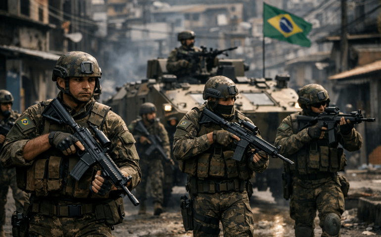 Exército em ação de segurança pública em favela (Imagem ilustrativa, criada por IA)