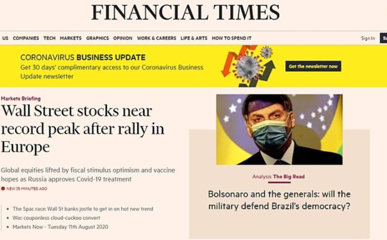 Principal página do site do jornal Financial Times questiona papel de militares no Brasil sob Bolsonaro Foto: Financial Times/Reprodução