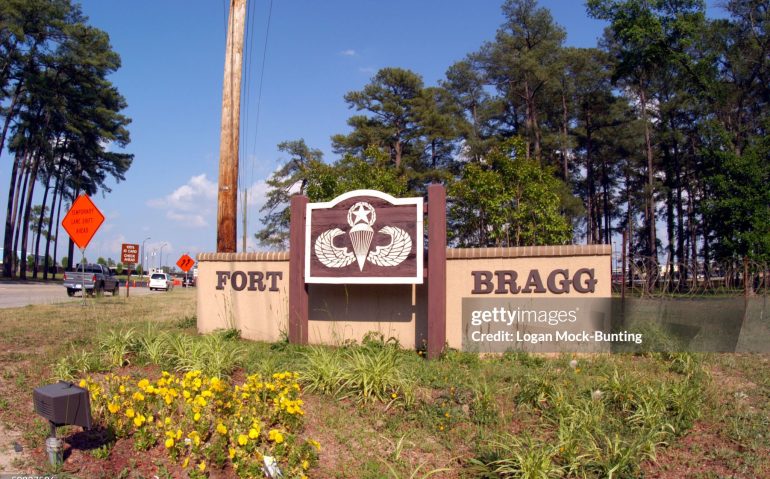 FORT BRAGG, NC - MAY 13: One of the entrance signs to facillities in Fort Bragg May 13, 2004 in Fayettville, North Carolina. The 82d Airborne Division was assigned here in 1946, upon its return form Europe. In 1951, XVIII Airborne Corps was reactivated here and Fort Bragg became widely known as the "home of the airborne." Today Fort Bragg and neighboring Pope Air Force Base form one of the largest military complexes in the world.  (Photo by Logan Mock-Bunting/Getty Images)