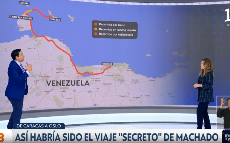 María Corina chegou a Oslo após fuga cinematográfica 
(Reprodução: canal T12 - Chile)