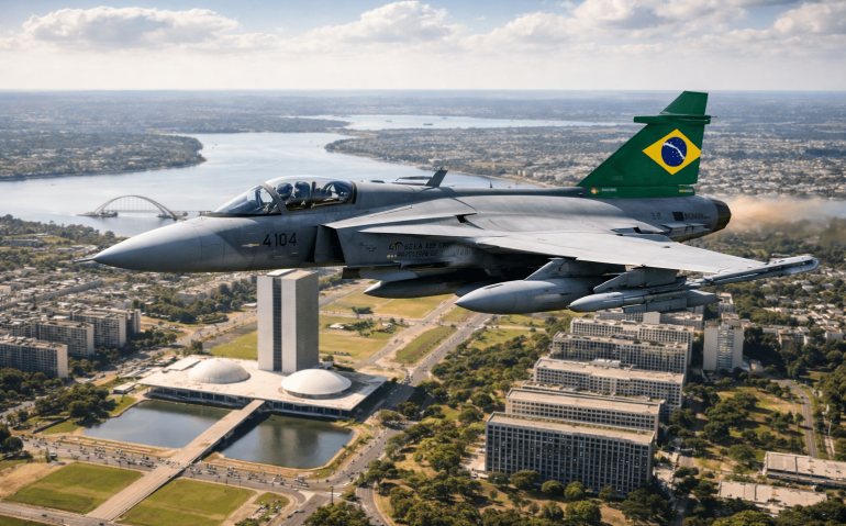 Gripen sobrevoa Brasília (Imagem ilustrativa, gerada por IA)
