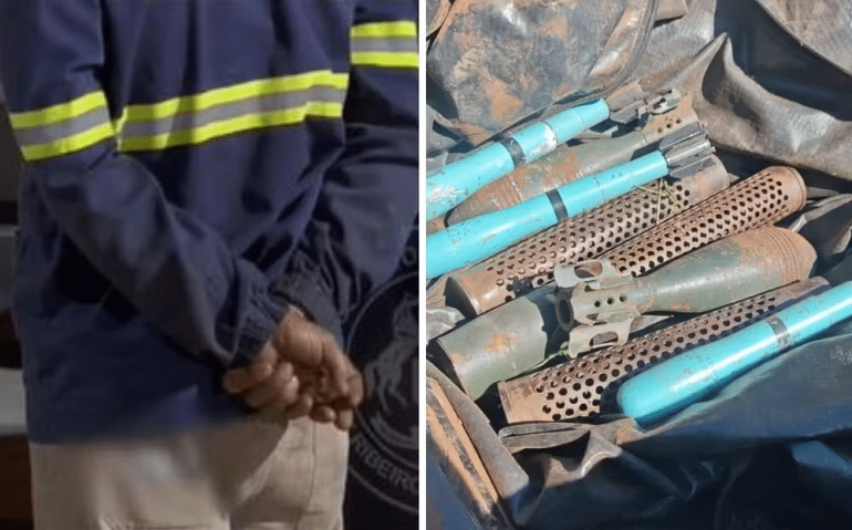 Homem é preso suspeito de descartar explosivos, em Goiânia, Goiás — Foto Reprodução - TV Anhanguera e Divulgação- Polícia Militar