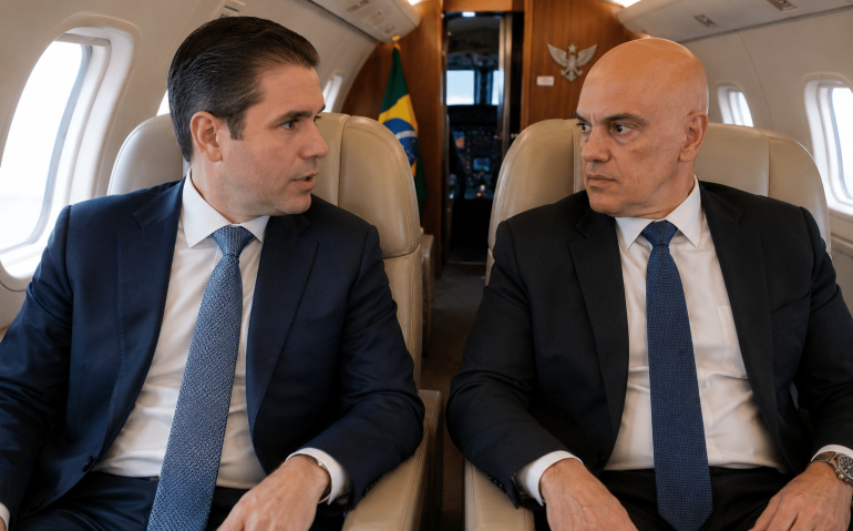 Hugo Motta e Alexandre de Moraes em voo da FAB (Imagem ilustrativa, gerada por IA)