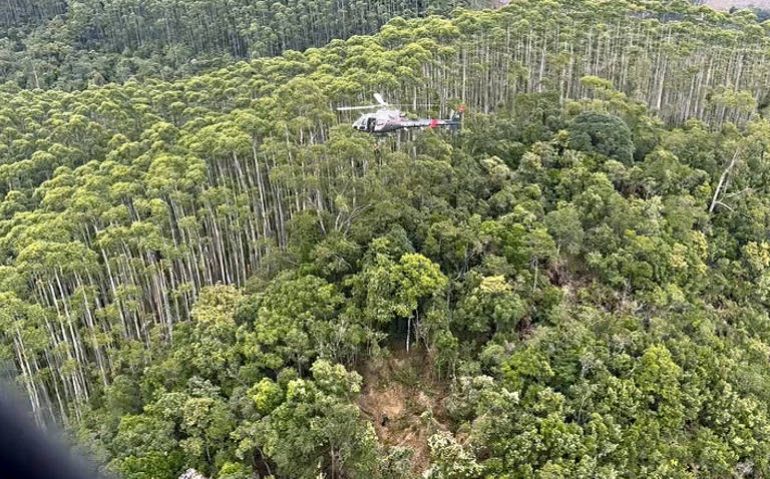 Após destroços de helicóptero que sumiu serem localizados por aeronave da Polícia Militar em área de mata em Paraibuna (SP), policiais descem de rapel até o local - Reprodução/@PMESP no X