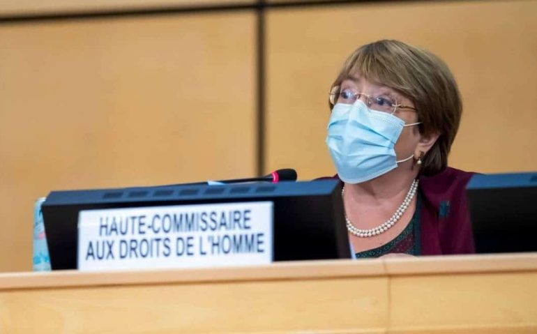 Michelle Bachelet, alta comissária da ONU para os Direitos Humanos, durante discurso na abertura da sessão do Conselho de Direitos Humanos da ONU, em Genebra Foto: MARTIAL TREZZINI / AFP