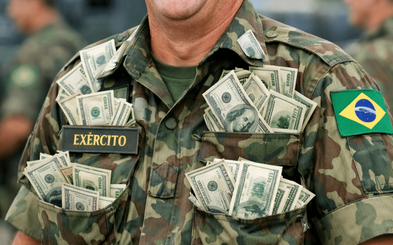 Militar rindo com os blosos cheios de dinheiro