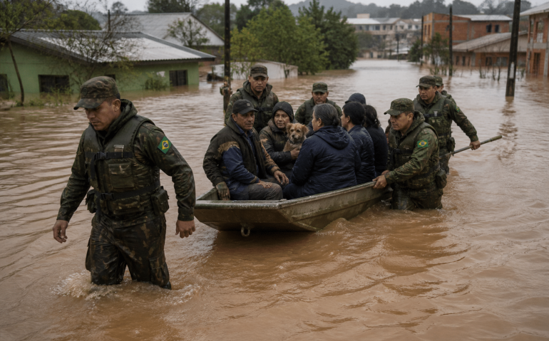 Militares do Exército socorrendo a população durante enchente (Imagem ilustrativa, gerada por IA)