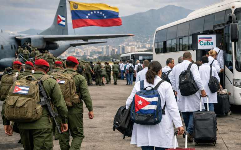 Militares e médicos cubanos deixam a Venezuela (Imagem ilustrativa, gerada por IA)