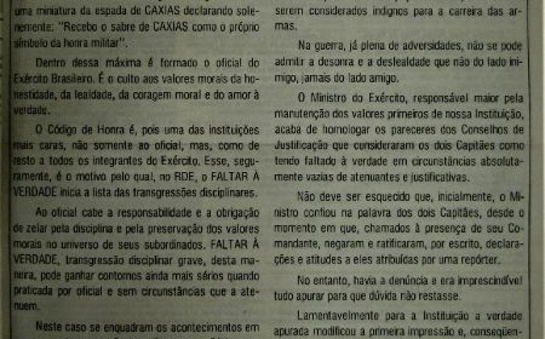Fac-símile da capa do "Noticiário do Exército" de 25/02/1988 sobre Bolsonaro