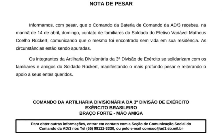 NOTA DE PESAR AD 3 - SOLDADO ENCONTRADO MORTO