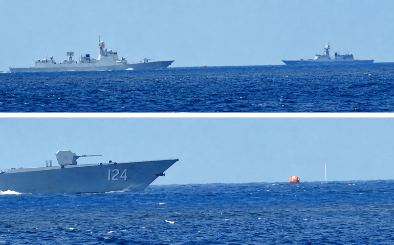 Imagens fornecidas pelo Ministério da Defesa japonês mostram navios de guerra chineses realizando exercícios com munição real, enquanto navios de guerra russos observam.