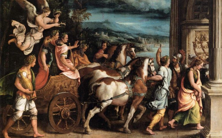 O triunfo de Tito e Vespasiano - quadro de Giulio Romano