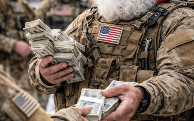 Papai Noel americano distribuindo dinheiro