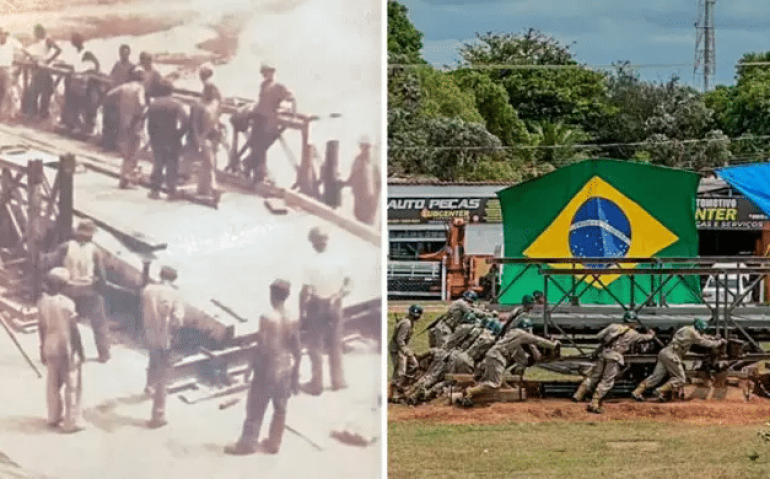 Contrução de pontes pelo 9º batalhão de Aquidauana durante 2ª Guerra e simulação desta sexta-feira (Foto: Marcos Maluf) - CREDITO: CAMPO GRANDE NEWS