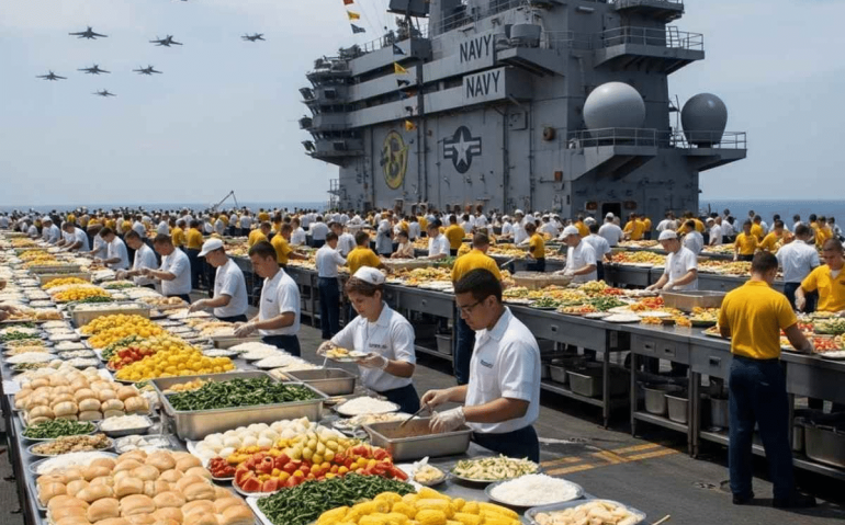 Preparo de refeições em um porta aviões americano