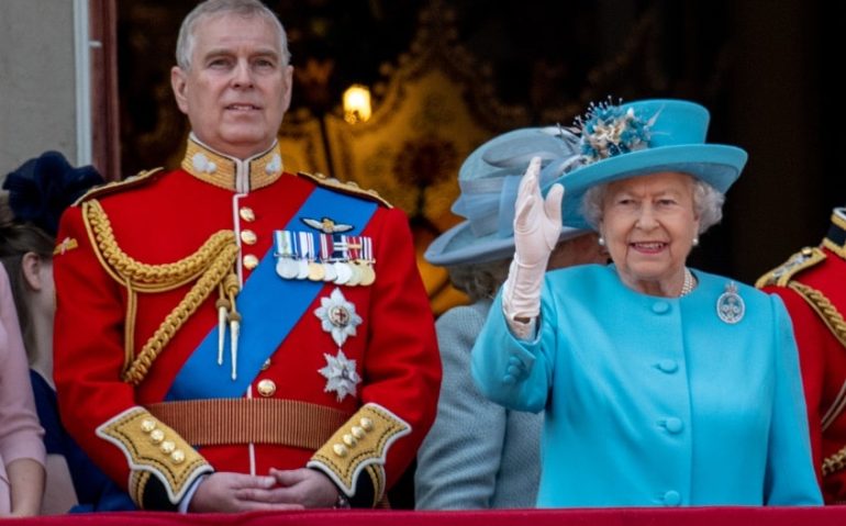 LONDON, ENGLAND - JUNE 09:   Queen Elizabeth II and Prince Andrew, Duke of York during Trooping The Colour 2018 on June 9, 2018 in London, England. (Photo by Mark Cuthbert/UK Press via Getty Images)