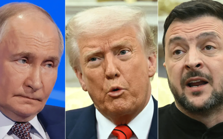 Da esquerda para a direita: o presidente russo, Vladimir Putin, o presidente dos EUA, Donald Trump, e o presidente da Ucrânia, Volodymyr Zelensky. 18/03/2025 - (AFP/AFP)