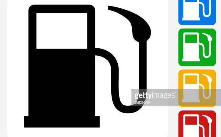 Gas Pump Icon. This 100% royalty free vector illustration features the main icon pictured in black inside a white square. The alternative color options in blue, green, yellow and red are on the right of the icon and are arranged in a vertical column.