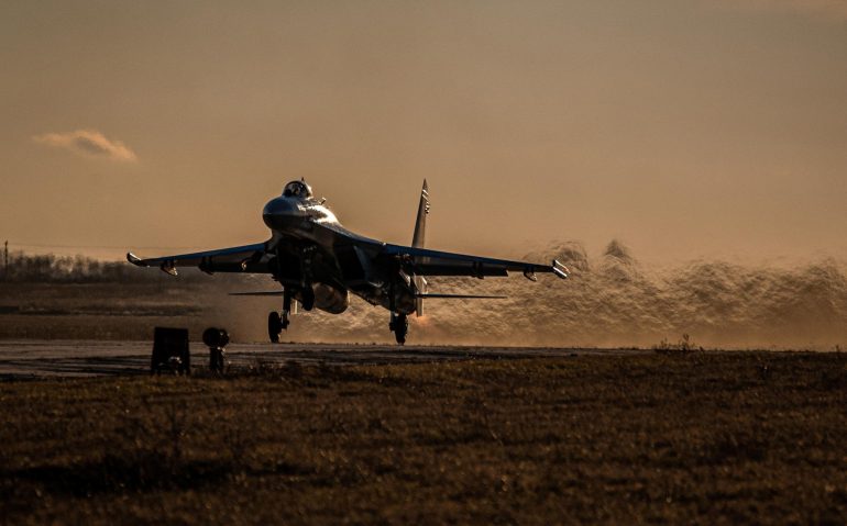A Ukrainian Air Force fighter jet takes off during a drill in Mykolaiv region in southern Ukraine November 23, 2021. Air Force Command of Ukrainian Armed Forces/Handout via REUTERS