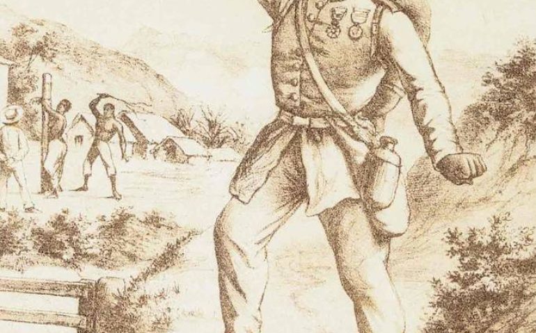 'De volta do Paraguai', gravura de Ângelo Agostini, em que soldado retorna da guerra e se surpreende com a mãe sendo castigada no tronco - Vida Fluminense, nº 12, 12.jun.1870
