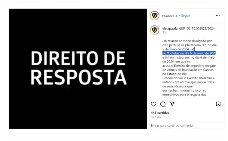 Canal 'Vista Pátria' divulga direito de resposta do Exército sobre fake news no RS
Imagem: Reprodução/Instagram