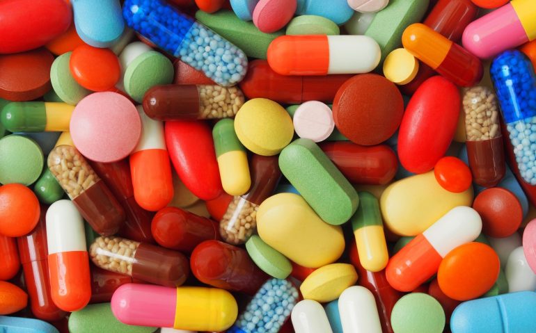 Macro of background made from pills and capsules