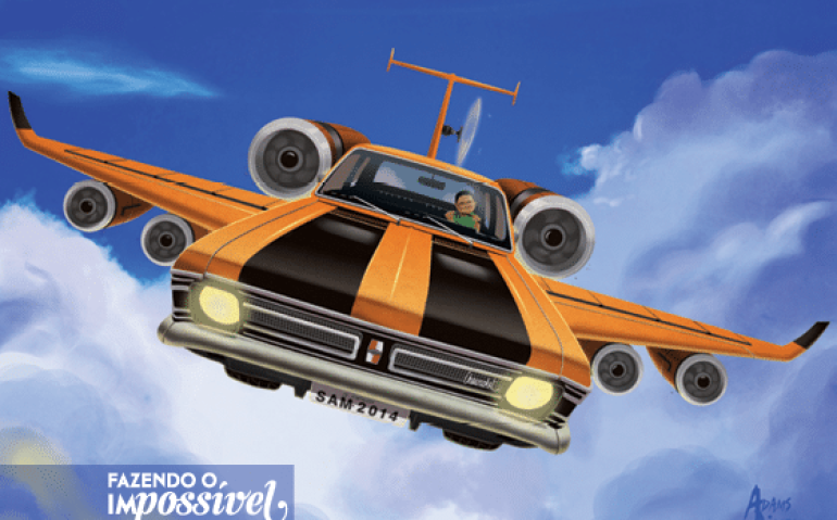“Um Opala com asas de avião turbinadas e cauda de helicóptero”. Cena imaginada por Samuel, de 9 anos, e ilustrada por Adams Pinto (Grim/UFC)