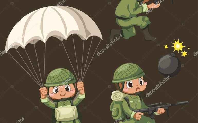 Set of Army soldiers man in green uniform with difference action and parachute in cartoon character, isolated flat vector illustration